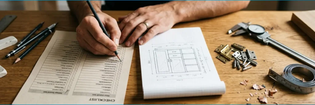 Person filling out a checklist with pencils, furniture design sketch, measuring tape, caliper, and metal hardware on a wooden table