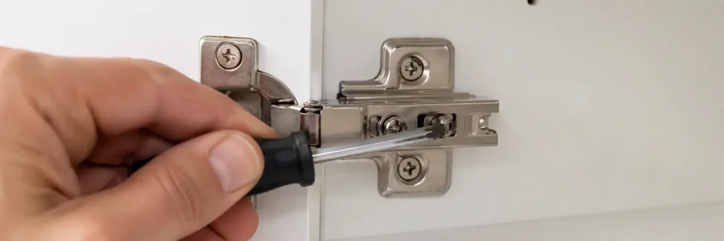 Hand using a screwdriver to adjust a silver hinge on a white cabinet door.