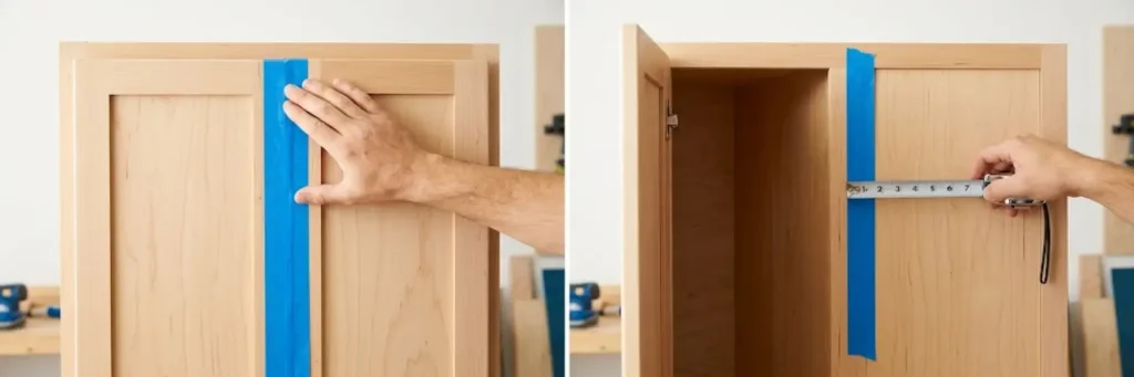 Blue painter's tape applied on cabinet door, then door opening width measured with a tape measure.