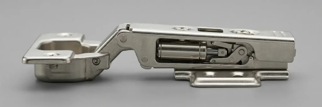 Close-up side view of a metallic cabinet hinge with internal mechanical components visible against a gray background.