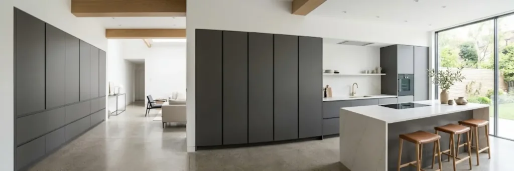 Modern minimalist kitchen with matte gray cabinets, white island with cooktop.