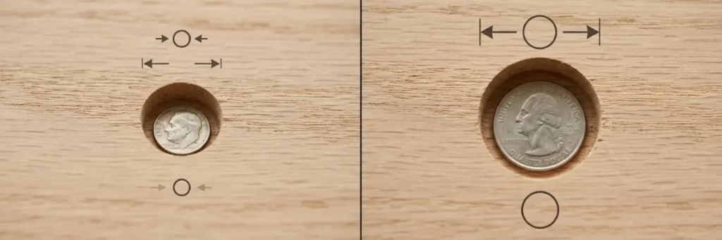 Two wooden panels with recessed circular slots holding a dime (left) and a quarter (right), showing coin size comparison.