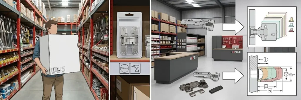 Warehouse worker carrying box, hardware shelf with hinge packaging