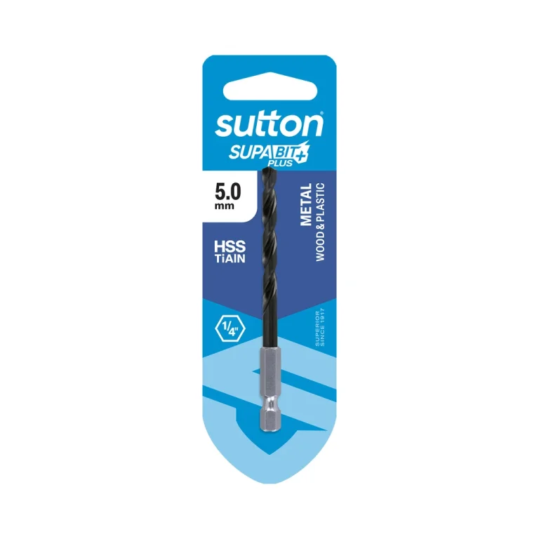 Sutton D221 Supabit Plus Hex Shank Drill Bit 5.0mm HSS TiAlN, Carded